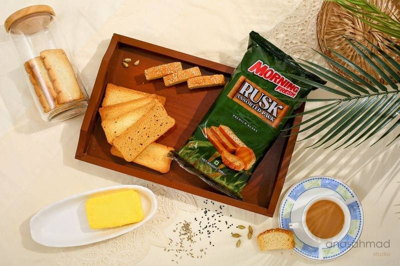 Morning Fresh Rusk breakfast lifestyle shot with tea, butter and tray styling
