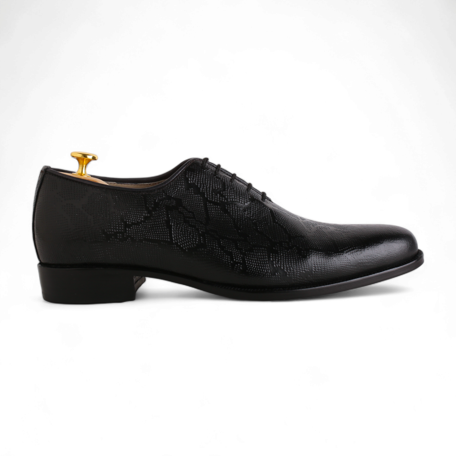 Elegant black formal leather shoes for men on white background
