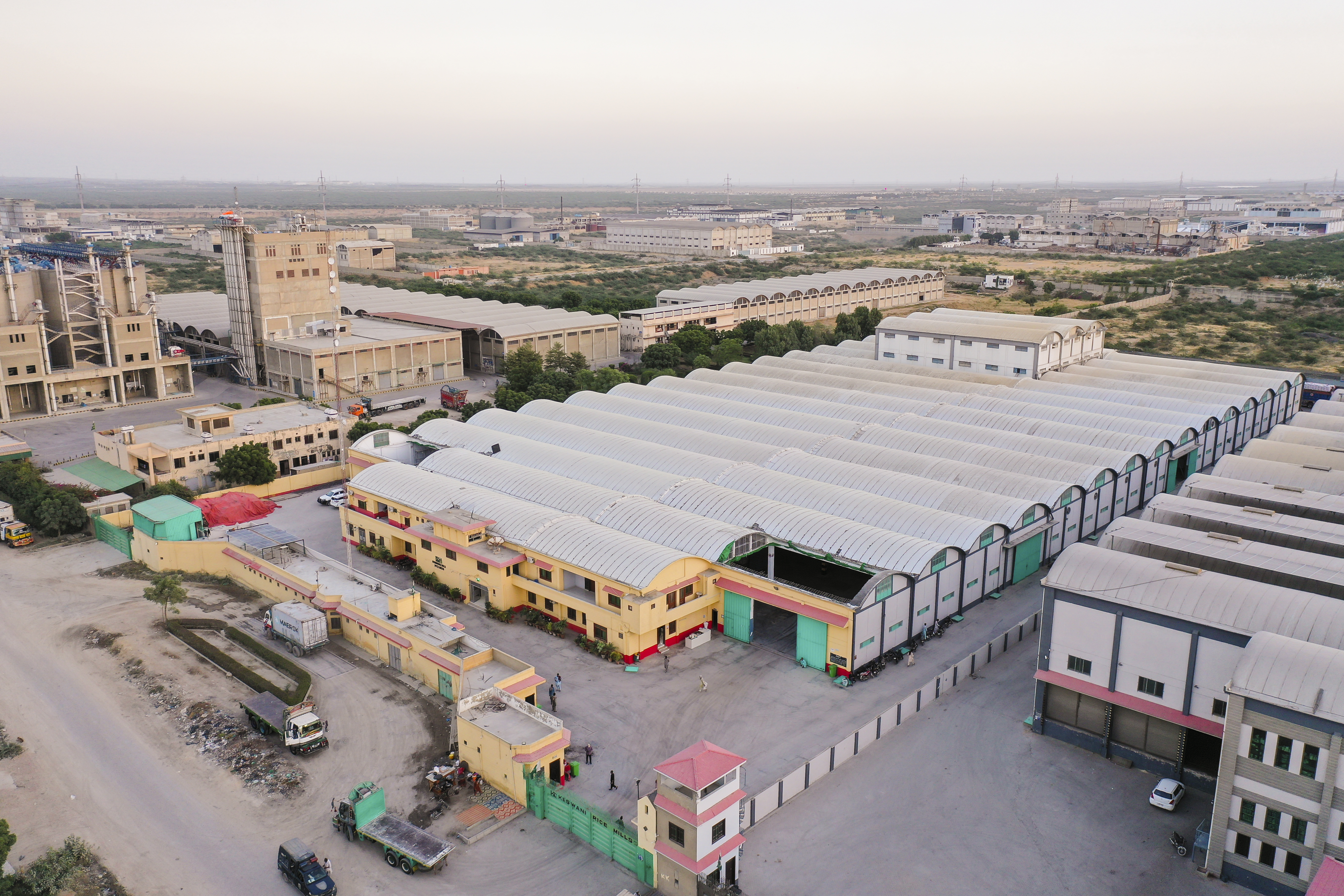 Aerial view of modern manufacturing plant with organized layout