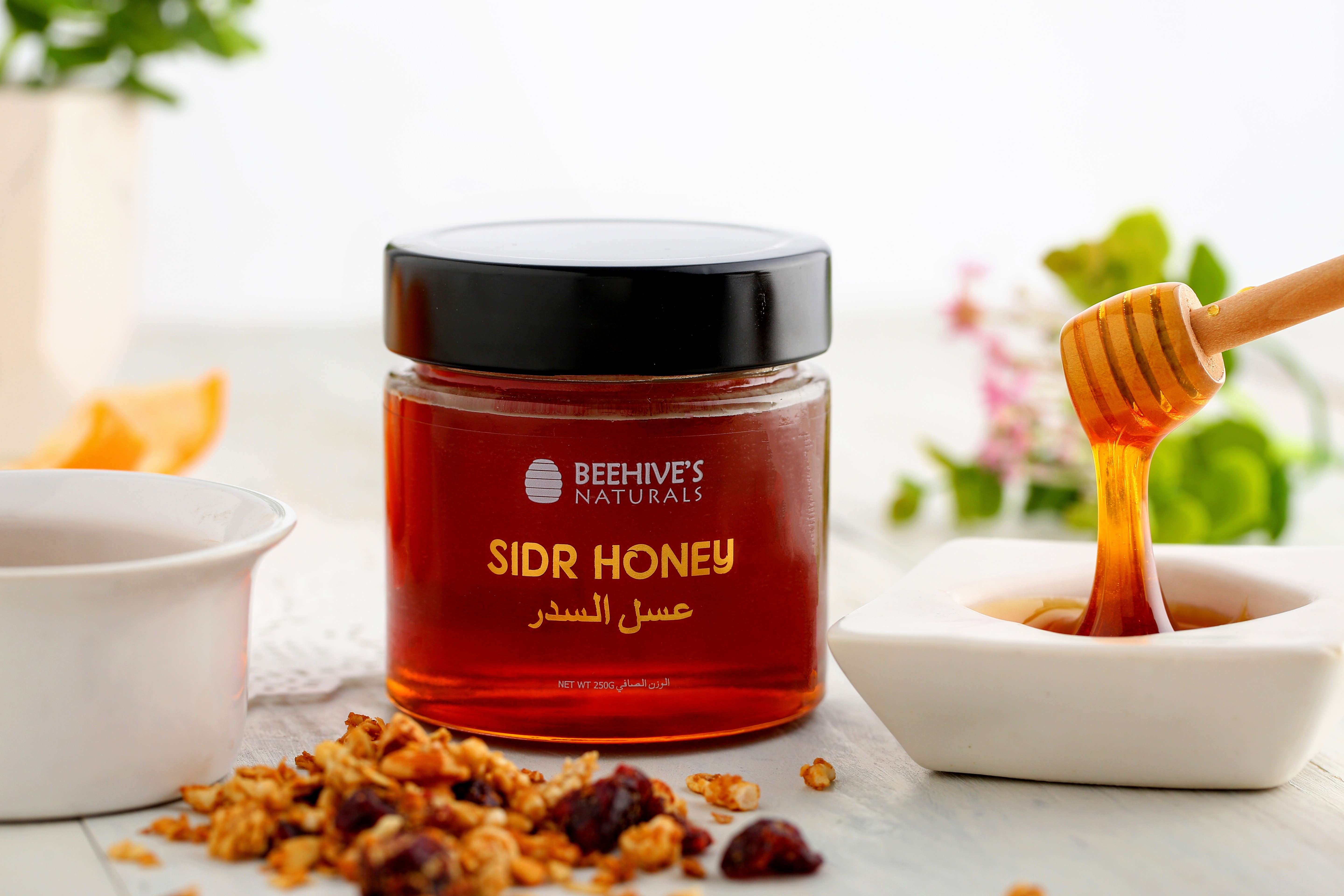 Premium Sidr honey jar with natural ingredients and soft background styling