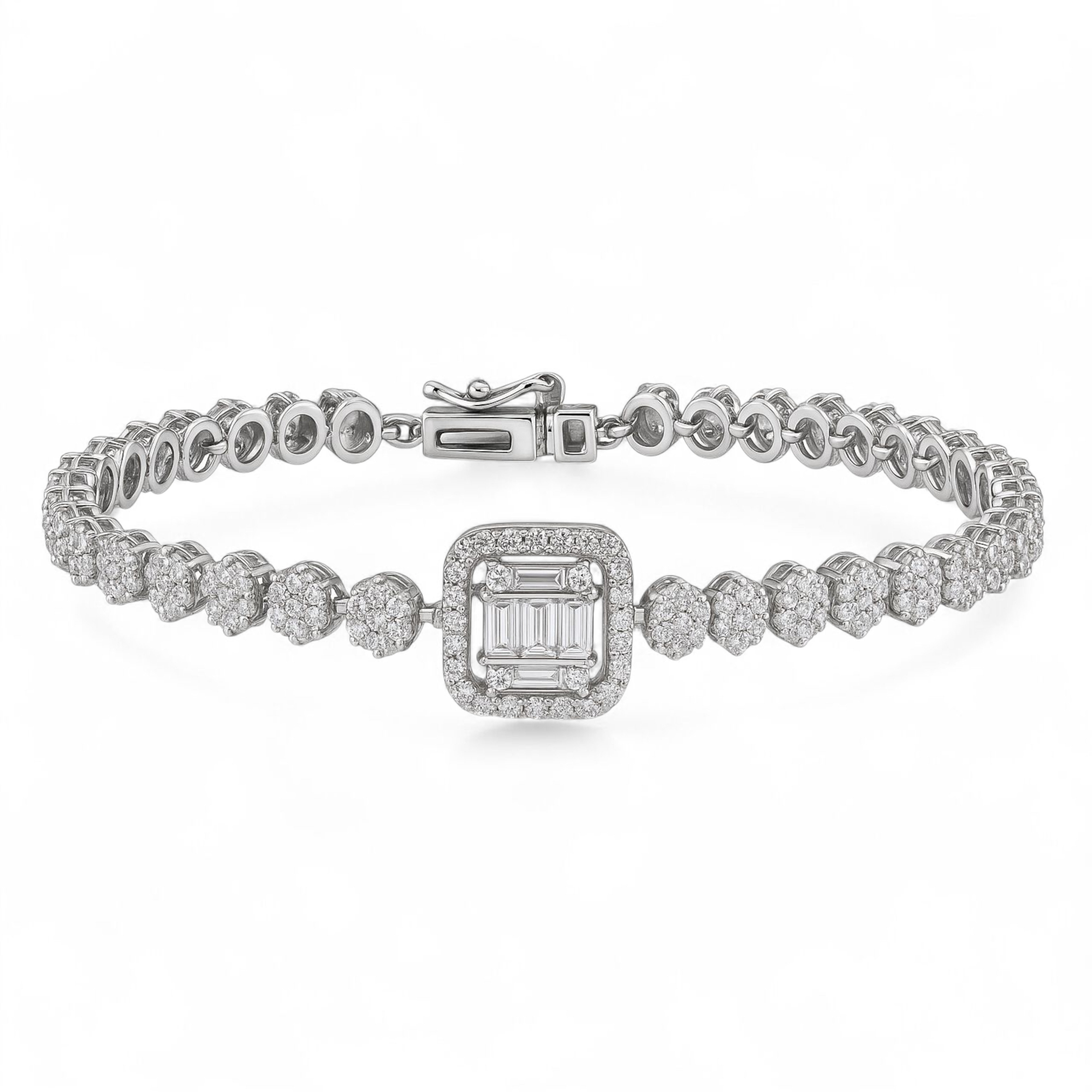 Elegant diamond tennis bracelet with square centerpiece on white background
