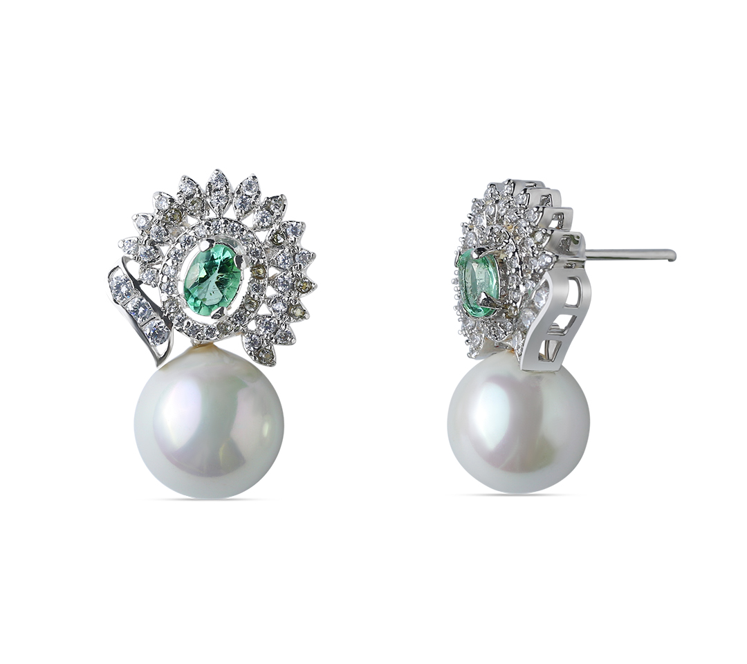 Elegant pearl drop earrings with green gemstone and diamond detailing
